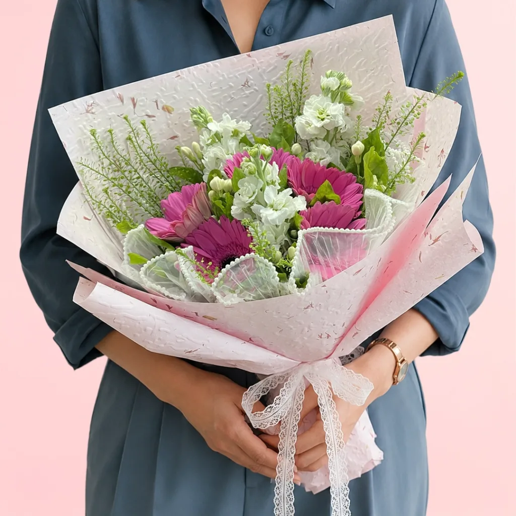 Pink gerbera and white matthiola bouquet with fillers and mixed greenery in a pink sheet and tied with a white satin ribbon.
