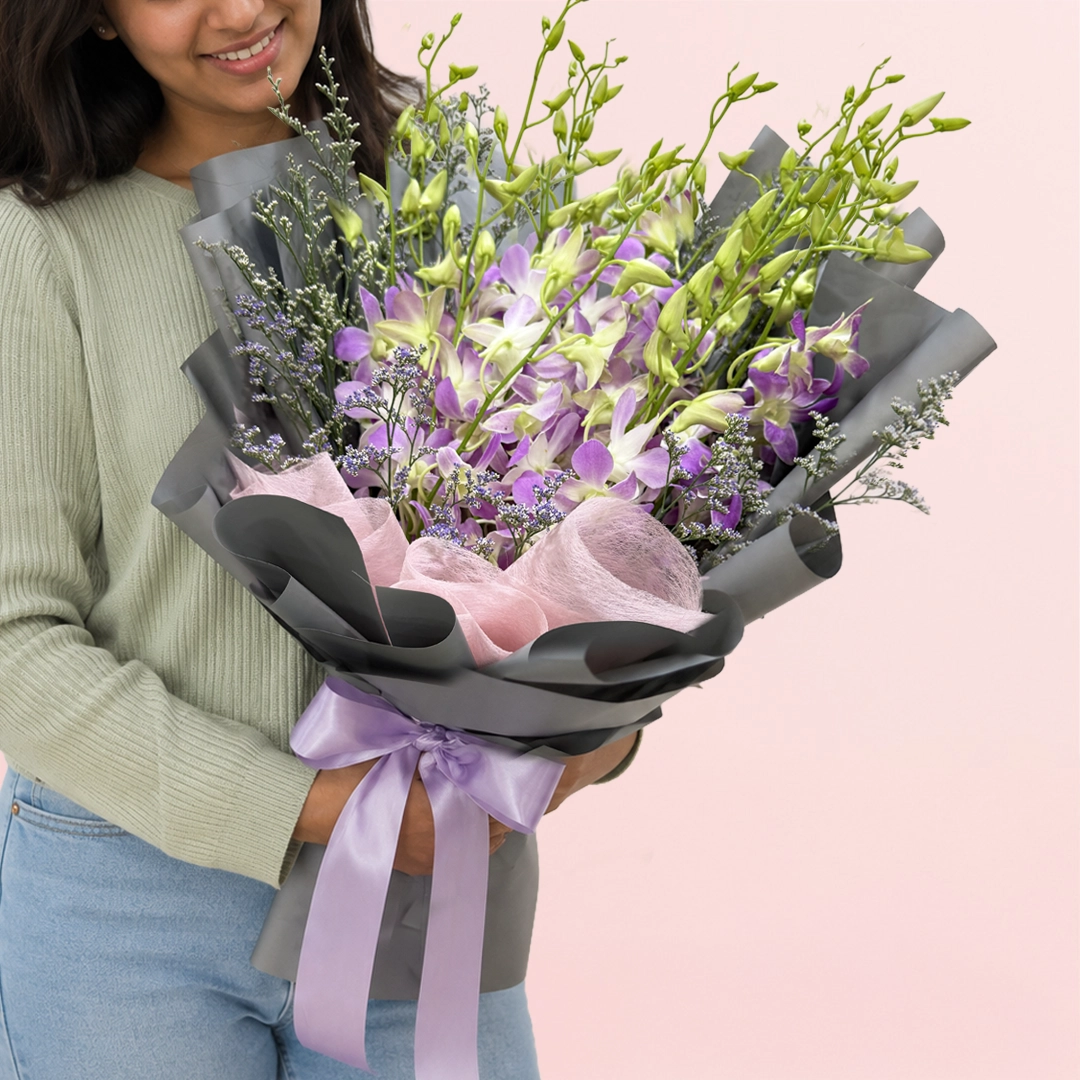 pink-dendrobium-orchid-bouquet Pink Dendrobium orchid bouquet with fresh greeneries and elegant gift wrapping